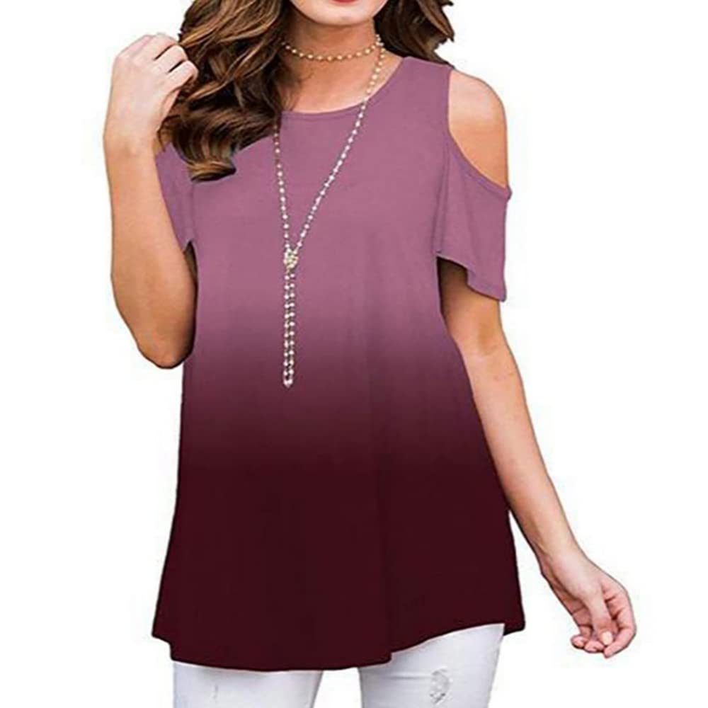 KCatsyWomen Cold Shoulder Summer Top Flower USA Flag Tie-Dye Pattern Print Short Sleeve Loose T-Shirt Crew-Neck Blouse