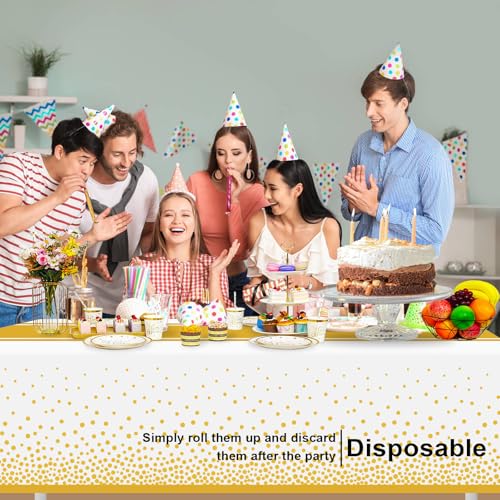 Image of 6 Pack White and Gold Tablecloth Party Decorations Plastic White Tablecloth Printed Gold Table Runner 54 x108 Inch Disposable Rectangle Table Cover for Birthday Wedding Graduation