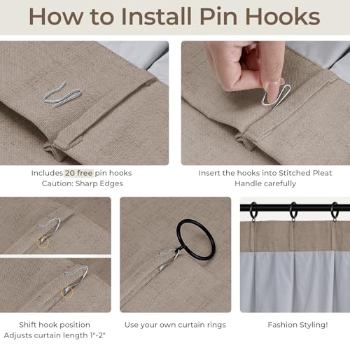 Pinch Pleated Blackout Curtains 96 Inches Long, Linen Blend, 100% Blackout Drapes with 20 Hooks, Ideal for Bedroom and Living Room, 40" W x 96" L (Pack of 2), Rosy Brown