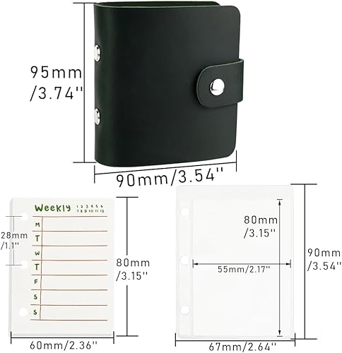 Miniatura 2 de Carpeta organizadora A9 de 3 anillas, de piel auténtica, color verde, 120 hojas de notas y recambios semanales con 2 bolsillos transparentes para