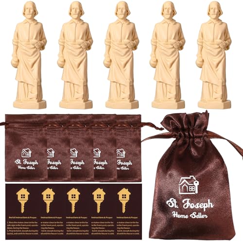 Wonderjune 5 Sets St Joseph Statue for Selling House Small Resin Saint Joseph Figurine with Instruction Prayer Card and Burial Bag for Selling Homes (Dark Brown)