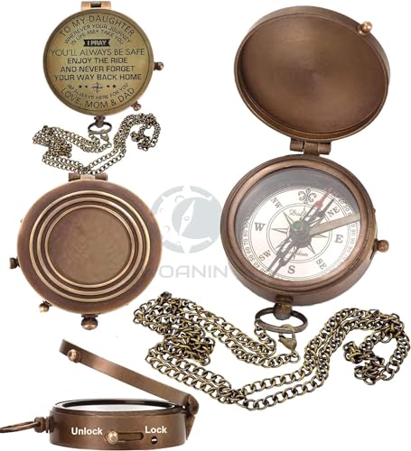 Brújula grabada para hija, regalo personalizado de padres con caja de cuero y cadena de latón miniatura 3