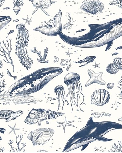 Fvlow Blue Whale Peel and Stick Wallpaper 17.4" x 394"