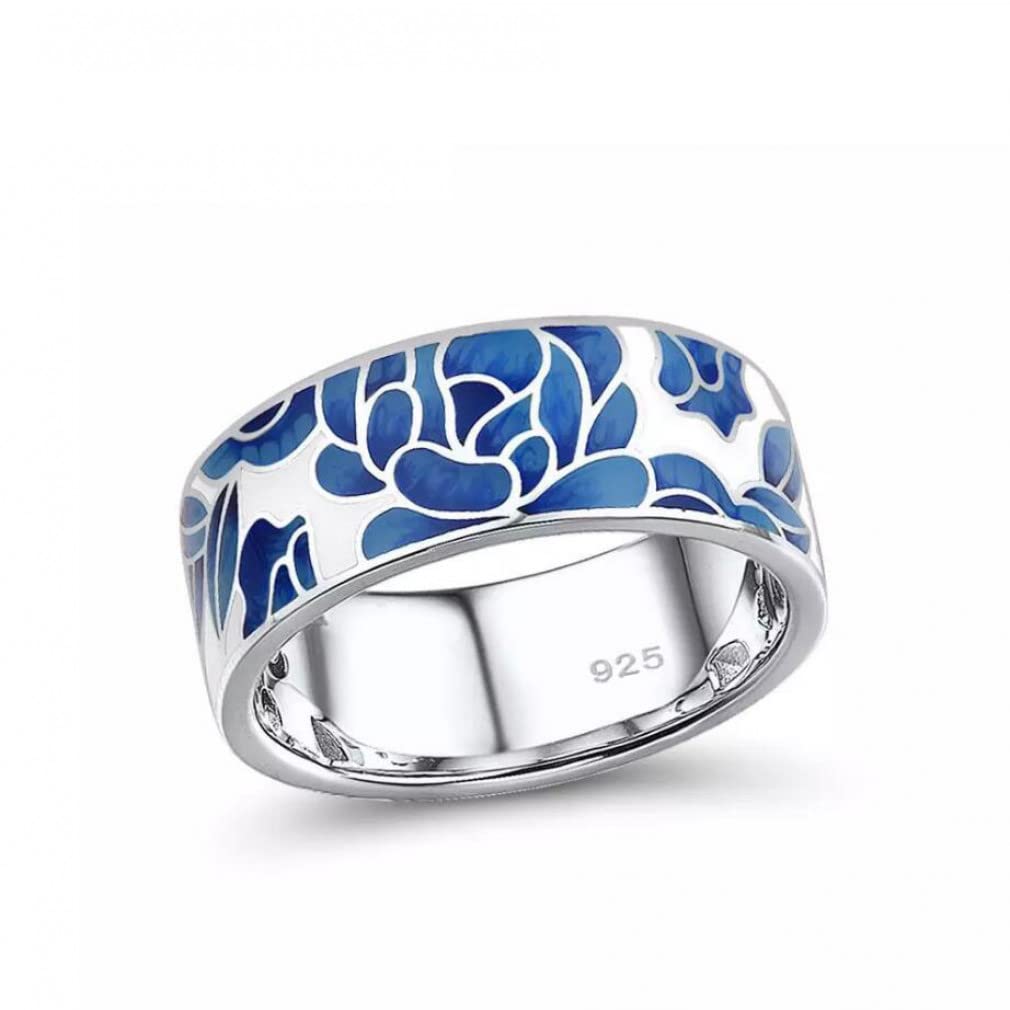 Silber Schmuck Set für Damen Reines 925 Sterling Silber Blaue Blume Emaille Ohrringe Ring Set Edlen Schmuck Handgefertigt