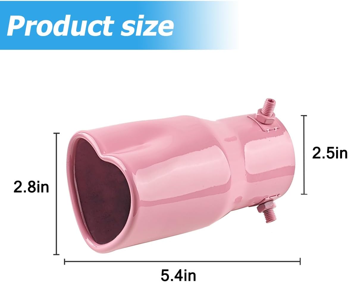 2.5" to 2.8" Car Exhaust Tip, 2.5" Inlet 2.8" Outlet 5.39" Long Stainless Steel Heart-Shaped Surface Polished Exhaust Tailpipe Tip, Rolled Edge Bolt on Diesel Pipe, Universal Fit (Pink)