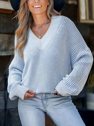 CUPSHE Womens Sweaters Oversized Sweater Loose Fit Long Sleeve Sweater V Neck Striped Pullover Sweater Tops3