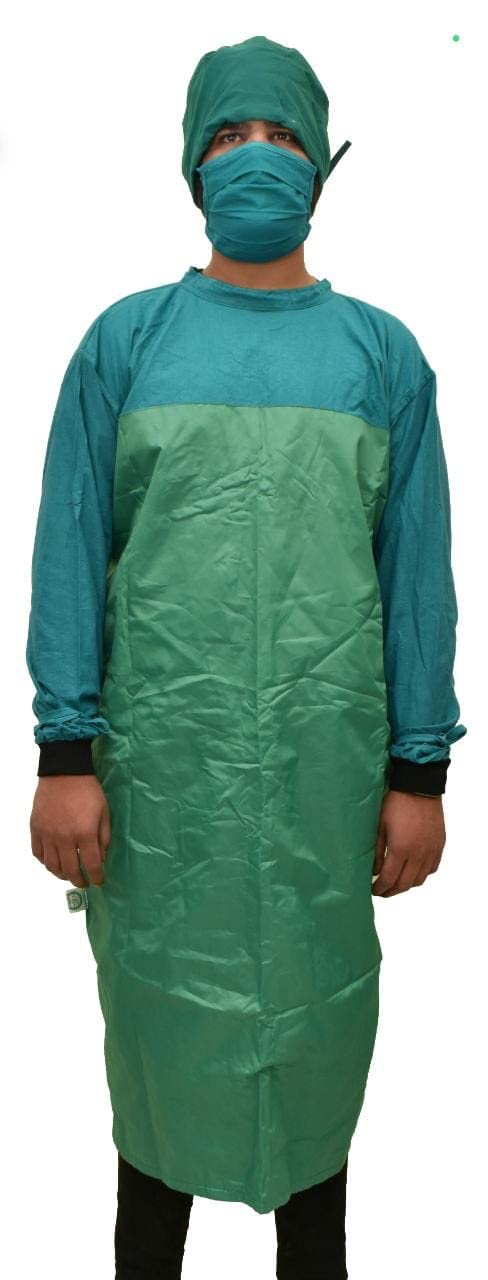 Doctor Linen 100% Cotton Washable Operation Theater |Surgical| OT Gown  Hospital Uniform Dress for Surgeon Surgery Dress Apron with Plastic Sheet  Head Cap Mask Full Length Set - Blue Universal Size :
