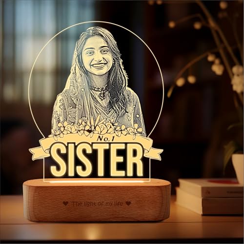 Image of ZOCI VOCI Rakshabandhan Gift for Sister - Personalized No.1 Sister Photo Lamp with Custom Photo, Warm White LED Acrylic Night Lamp, Unique Rakhi Gift from Brother