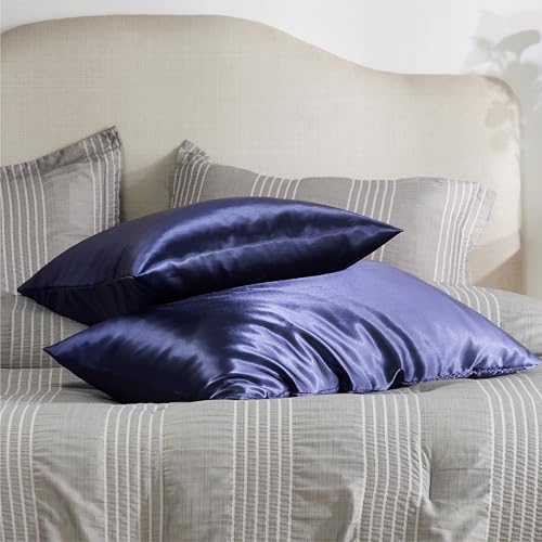 Image of Bedsure Satin Pillowcase with Zipper,King Pillow Cases Set of 2 | Similar to Silk Pillow Cases 2 Pack, Silky & Soft Pillow Cover for Hair and Skin, Gifts for Women Men, Navy, 20x36 Inches