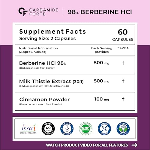 Image of Carbamide Forte 98% Berberine supplements with Milk Thistle | 1000mg Berberine HCl per Serving for Metabolism, Digestion, Liver Detox & Immunity Support | High Potency Berberine HCl - 60 Veg Capsules