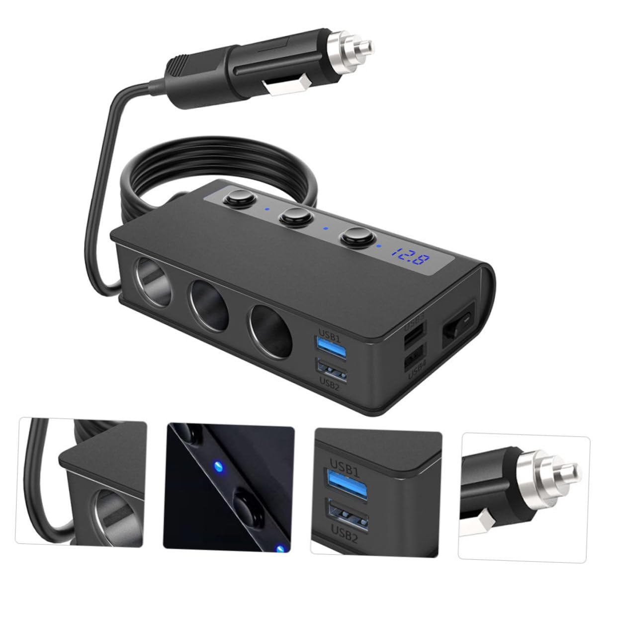 HOMSFOU Adaptador de Cargador para Coche 180w, Divisor de Mechero 4 Puertos USB, Interruptor Independiente y Indicador de Voltaje para Coche