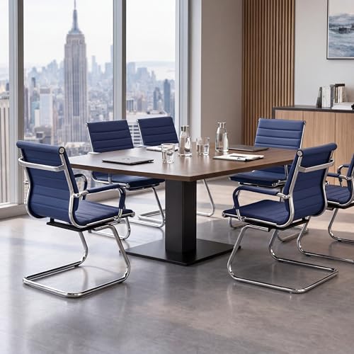 Image of Conference Room Chairs Set of 4, Office Guest Chair with Armrests, Faux Leather Upholstery & Metal Sled Base, Comfortable Meeting Room Chairs for Office /Reception /Conference, Navy Blue