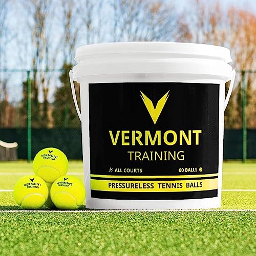 Balles de tennis Vermont sans pression en seau de 60 pour entraînement sur toutes surfaces
