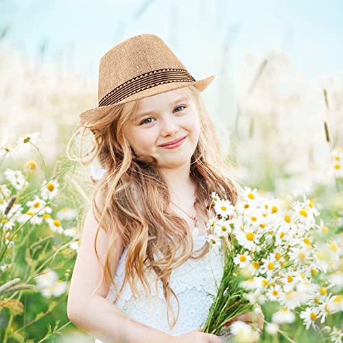 Ultrafun 4 Pack Kids Fedora Hat Short Brim Straw Trilby Jazz Hat Summer Sun Beach Cap For Boys Girls 5-10 Years (Black+Wine Red+Khaki+Navy) #TOP3