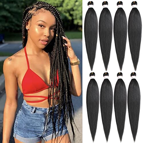 Leeven 8 Packs Pre Stretched Braiding Hair Extension Yaki Texture Hot Water Setting EZ Braids Kanekalon Hair for Coi Leray Braids Black Braiding Crochet Hair Extensions /30 Pouces1B#