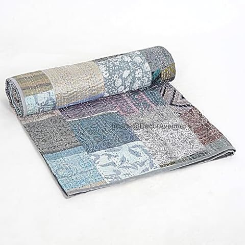 Indian Kantha Quilt, Handmade Silk Reversible Bedding Cover