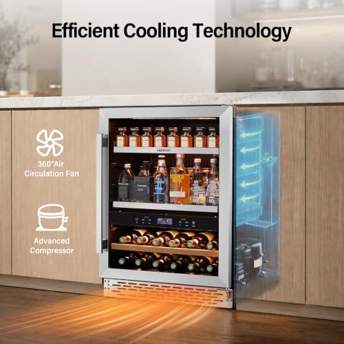 Image of 24 inch Beverage Cooler Refrigerator, 175 Cans Freestanding /Built in Dual Zone Beverage Fridge Glass Door for Home Kitchen