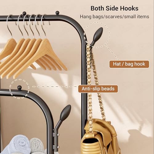 Image of Lukzer Metal Garment Stand with 6 Shelves & Double Rods, Heavy-Duty Clothing Rack with Side Hooks & Wheels, Multi-Functional Storage Organizer for Bedroom, Laundry & Entryway - (MGS-008 /Black)