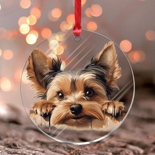 Peeking Yorkshire Terrier Christmas Tree Ornament Cartoon Funny Dog Xmas Ornament Keepsake Holiday Decoration Rustic Clear Round Acrylic Ornament Pendant for Family Birthday New Year Home