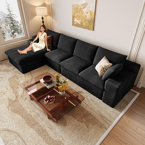 Image of 136 inch Cloud Couch Modular Sectional Sofa for Living Room, L-Shape Boneless Couch with Deep Seat, Modern Corduroy 4-Seater, No Assembly Required (Black,Left-Facing Chaise)