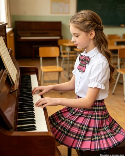 Image of Betusline Girls Skirt Set JK School Uniform 2-Piece Outfit - Short Sleeve Shirt with Bow & Pleated Skirt 4T-14Y