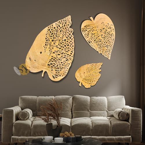 Image of SNS DECOR Luxury Metal Abstract Figures Leaf Wallart Set of 3 Handcrafted Wall Sculpture Wall Art Multicolor For Home Decoration (Shiny Golden)