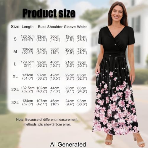 Image of Women's Fall Summer Short Sleeve Ankle Length V-Neck Party Dress with Pockets Size S-3XL