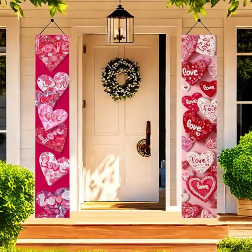 Image of Sweet Heart Front Door Banner 11.81x70.87 Inch, Pink Red Doodle Love Porch Sign for Mother's Day, Romantic Hanging Flag Welcome Outdoor Wall Decor, Weatherproof Fabric Decoration