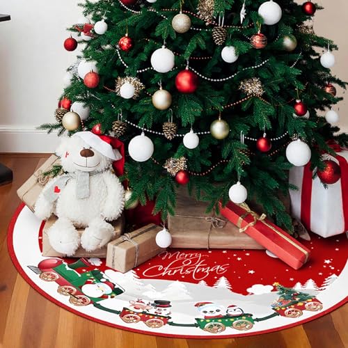 OAKENCREST Falda de Árbol de Navidad, Alfombra de Árbol de Navidad, con Motivos de Muñecos de Nieve, Copos de Nieve y Trenes, para la Decoración Navideña del Hogar, Rojo