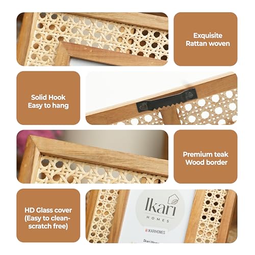 Image of Ikari Homes Premium Teak Wood & Rattan Photo Frame | Handcrafted Boho Woven Cane Picture Frame for Tabletop & Wall Hanging | Natural Rustic Home Decor for Living Room Bedroom (Brown Finish)