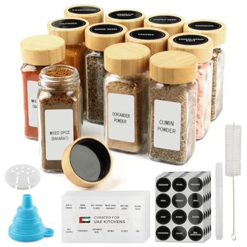 12 Glass Spice Jars with Secure-Fit Bamboo Lids 120ml/4 oz - Kitchen Storage Containers Set with UAE Customized Spice Labels Dual Dispensing Shaker Inserts Funnel Marker & Brush - Shaker