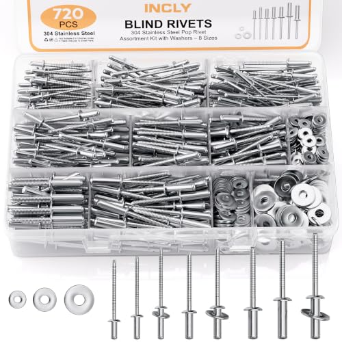 Image of INCLY 720Pcs 304 Stainless Steel Rivets with Washer Assortment Kit | 8 Sizes Pop Rivets, 1 /8 inch, 5 /32 inch, 3 /16 inch, with 3 Sizes Washers, Stainless Rivets for Metal, Automotive, Furniture, DIY Repair