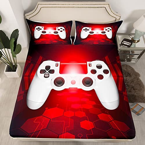 Erosebridal Boys Gaming Bedding Sets, Twin XL for Kids Girls Child Son Video Games Fitted Sheet Chic Red White Modern Novelty Game Controller Gamer Fitted Bed Sheets, Not Include Flat/Top Sh