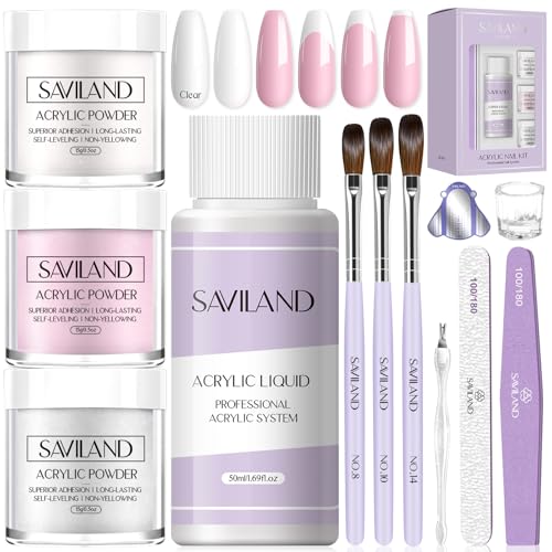 SAVILAND Acrylic Nail Kit for Beginners: Clear White Pink Acrylic Powder 0.5 Oz Each, 1.7 fl oz Acrylic Liquid, #8/10/14 Brushes, 100Pcs Nail Forms & Manicure Tools Professional Nail Kit Acrylic Set