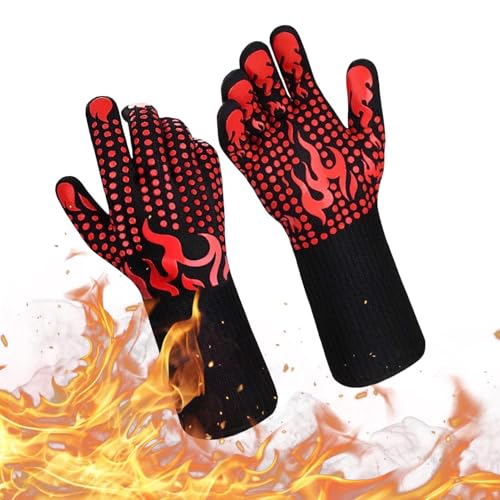 Parthan 1 Pair Heat Proof Gloves, 1472℉/800°C Grilling Gloves, Non-Slip Silicone Oven Gloves with Fingers, Heat Resistant Gloves for Kitchen, Outdoor BBQ, Oven, Stove, Vehicle Repair and Welding etc.