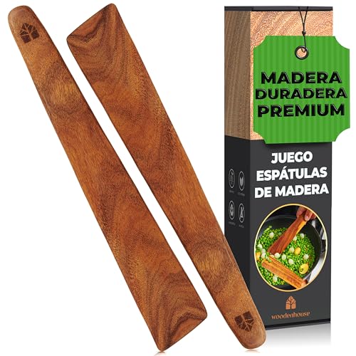 Espátulas Madera Para Cocinar - Juego de 2 Utensilios de Cocina Madera de Teca, Espátulas Raspadoras de 30.5 cm. Accesorios Cocina - Duraderos y Antiadherentes - Para voltear, remover y servir