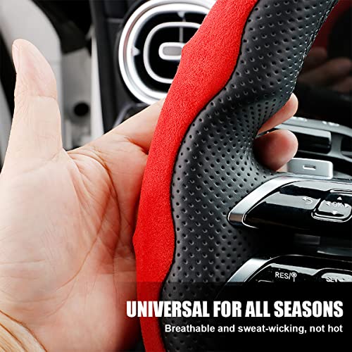 Car Steering Wheel Cover, Microfiber Suede Leather And Carbon Fiber Double Sided Design, Warm In Winter And Cool In Summer, Breathable Non Slip Segmented Protector For Most Cars (Turn Fur/Red) #TOP2