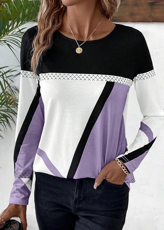 Apvirdy Color Block Tops for Women Casual Crewneck Patchwork T Shirts Fall Loose Long Sleeve Tunic Tops 2024 - Image 3