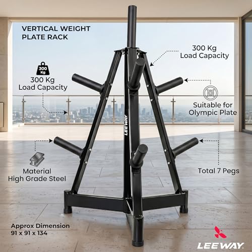 Image of Leeway Weight Rack for Home Gym Stand | Olympic 2-Inch Plate Tree Stand | 7-Peg Heavy Duty Steel Storage Organizer | 300 Kg Capacity Vertical Commercial Gym Rack (Triangular Weight Rack)