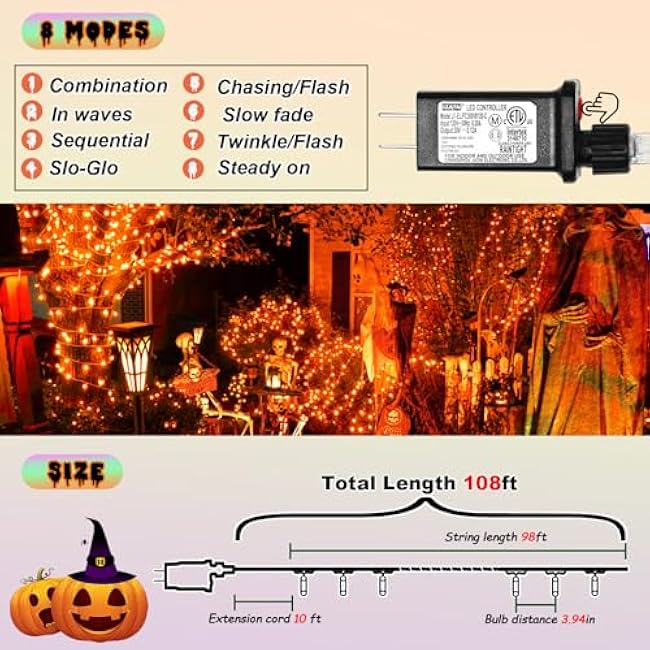 ILLUMINEW 300 Led Orange String Lights Outdoor Halloween Decorations, 108 Ft Thanksgiving Decor Lights 8 Modes Fairy Lights for Bedroom Yard Room Decor