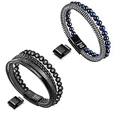 murtoo Mens Bead Leather Bracelet and Bead Bracelet with Black Steel Chain