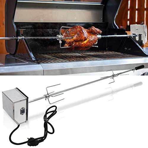 Randaco Set de brochettes pour barbecue 107 cm - Avec moteur en acier inoxydable (220 V - 240 V) et 2 aiguilles à viande, tournebroche en acier inoxydable, rotation universelle