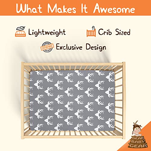 Image of Dear Baby Gear Deluxe Baby Crib Sheet - Cotton Polyester Infant Sheets - Soft Machine-Washable Crib Mattress Cover - Newborn Nursery Bedsheet - White Antler on Charcoal Gray Print, 52 inchx28 inchx10 inch