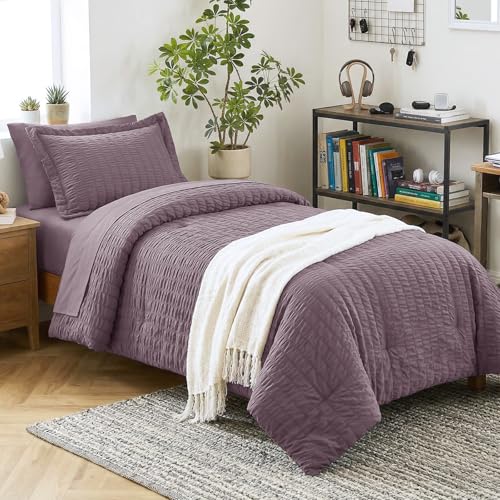 Image of CozyLux Twin Comforter Set with Sheets 5 Pieces, Dusty Purple Seersucker Luxury Textured Bed in a Bag, Grayish Purple All Season Bedding Set with Down Alternative Comforter, Sheets, Pillowcase & Sham