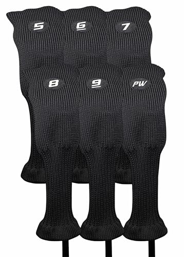Majek All Hybrid Head Cover Golf Club Black Sleek Tight Fit Headcover Set 5-PW Acrylic Head Covers 5 6 7 8 9 PW Easy to See Large White Embroidered Numbers