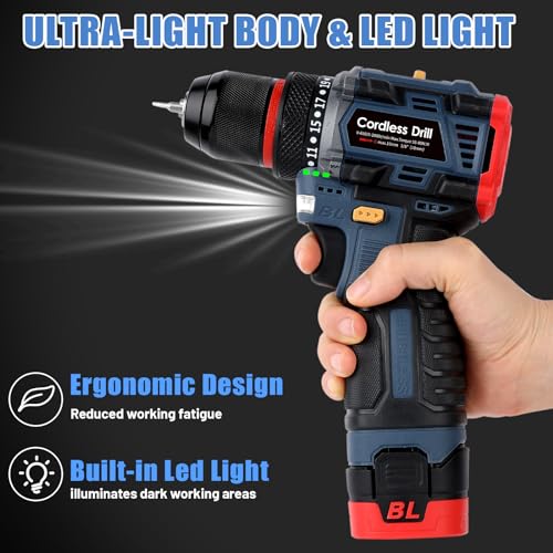 Akku Bohrschrauber mit Bürstenloser Motor - 16.8V Akku Bohrmaschine Bürstloser mit 2000mAh Akkus, 60 N.m, Drehmoment auf 23+1 Stufen, Akkubohrer Klein Akku Schrauber mit 25PCS, LED Licht 3