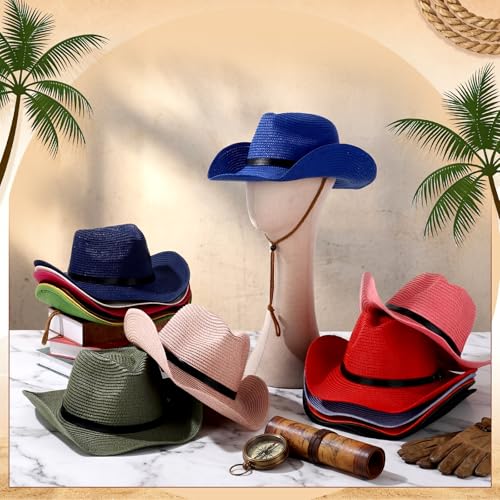 Image of Suhine 15 Pcs Straw Cowboy Hat for Men Women Colorful Western Hat Bulk Sun Protection Large Brim Cowgirl for Summer Seaside
