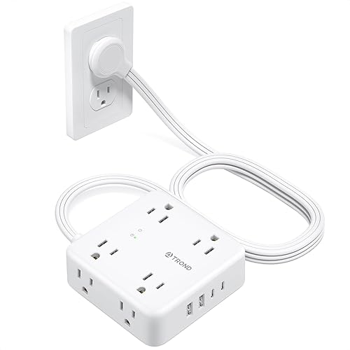 TROND Cable de extensión plano de 5 pies con 2 USB C, regleta de alimentación de enchufe plano ultrafina, 8 salidas anchas y 4 puertos USB,