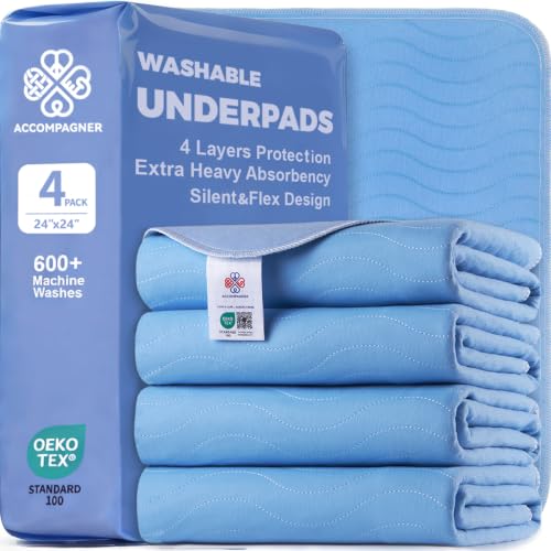 Image of Accompagner Incontinence Bed Pads Washable Waterproof, Ultra-Absorbent Reusable Underpads for Diaper Changing, Nursing, Bedridden, Adults, Seniors, Kids and Dogs (Blue, 24 inchx24 inch(Pack of 4))