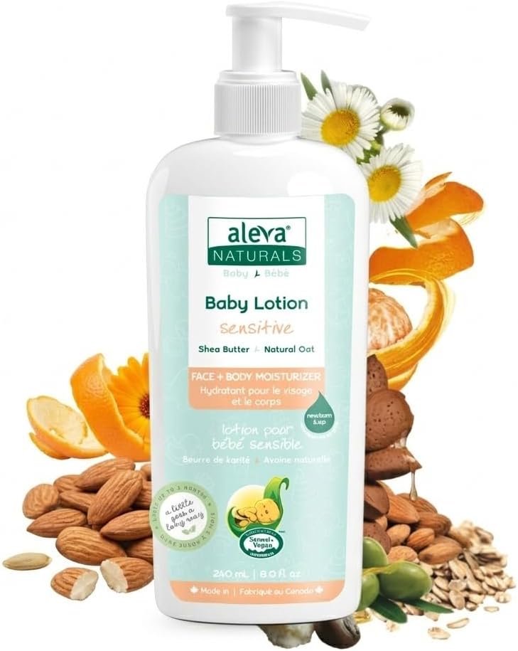 Aleva Naturals Baby Face & Body Lotion, Daily Moisturizer for Very Dry, Sensitive & Eczema-Prone Skin, 99.6% Natural with Shea Butter, Oatmeal, Sweet Almond Oil & Jojoba, Lightweight, Non-Greasy, Fast-Absorbing, Made in Canada - 240ml